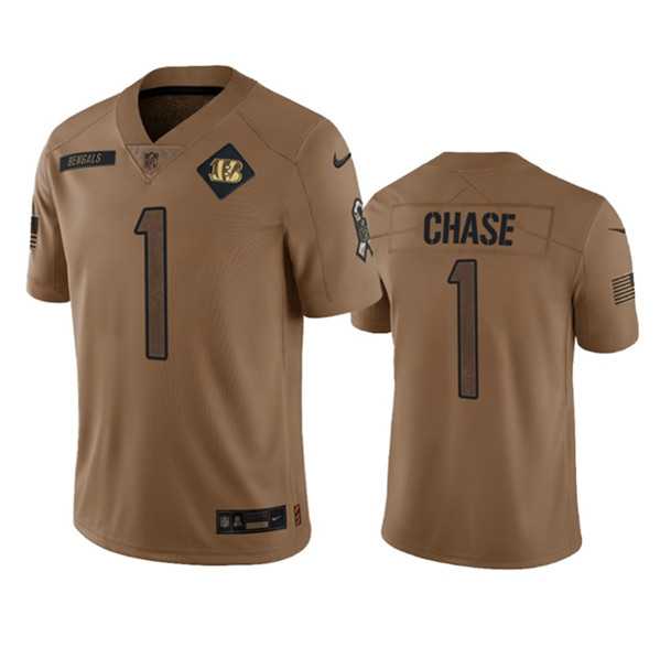 Men%27s Cincinnati Bengals #1 Ja%27Marr Chase 2023 Brown Salute To Service Limited Football Stitched Jersey Dyin